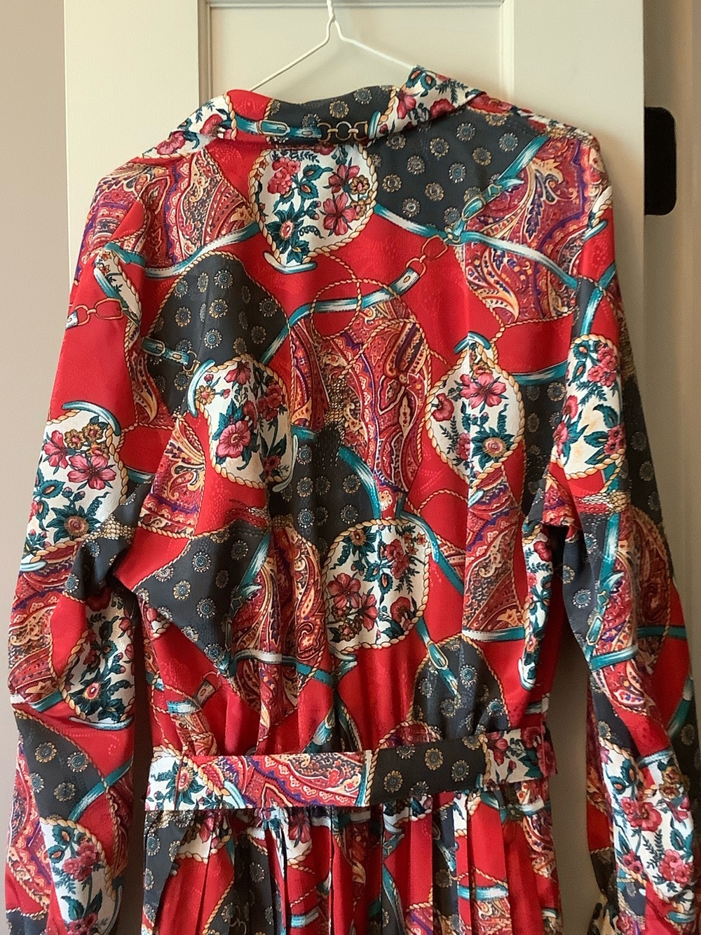 Vintage Retro Mono New York Red Paisley Long-Sleeve Midi Shirt Dress - Picture 5 of 10